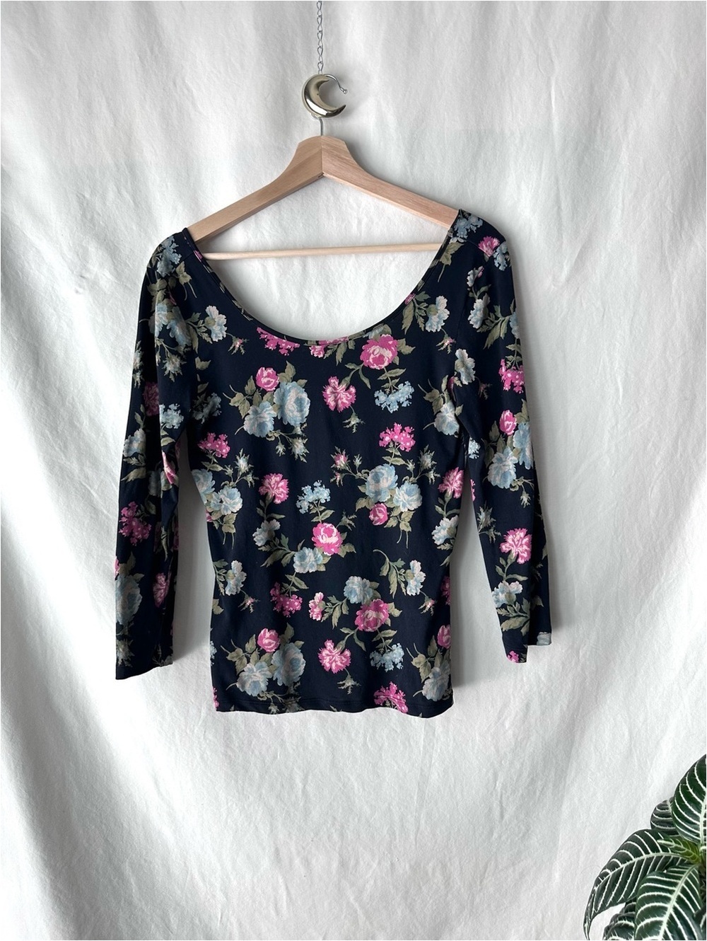 bp Black Floral Scoop Neck Long Sleeve Top with Pink & Gray Blooms